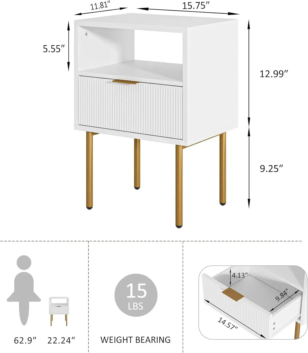 Nightstand Small Bedside Table with Gold Frame White Night Stand,Bedside Furniture Side Table with Drawer and Shelf