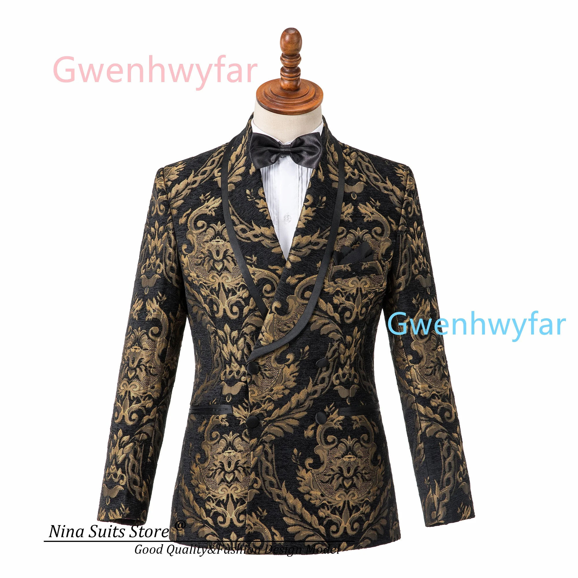G&N Elegant Black Velvet Jacket with Gold Print Matching Black Pants for Men Wedding Suit 2026 Classy Formal Outfit for Men