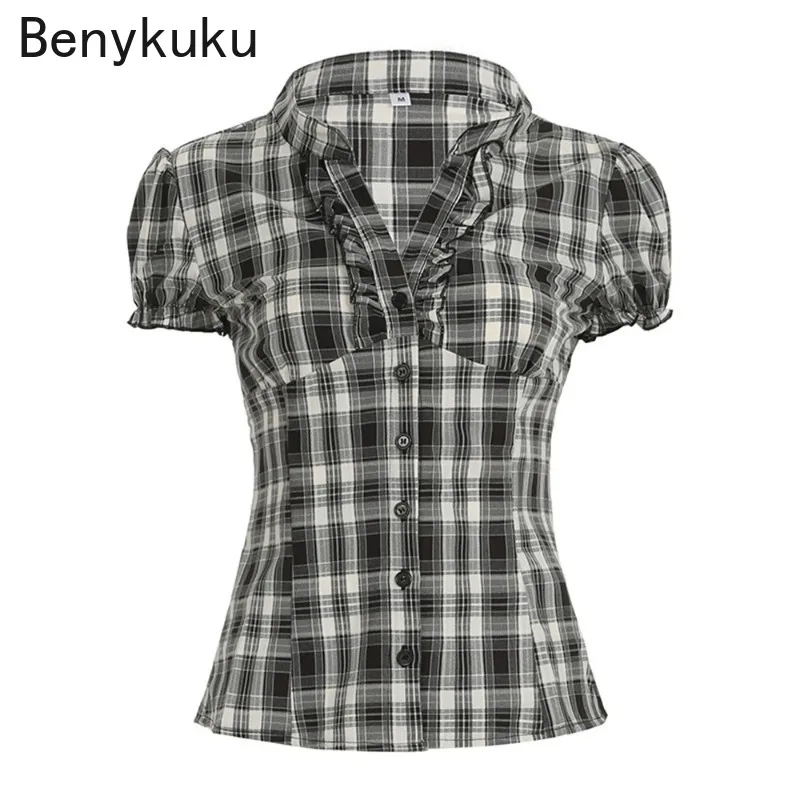 

England Style Retro Plaid Print Women Shirt V-neck Single Breasted Puff Sleeve Blouse Casual Slim Harajuku Hot Girl Top 2026
