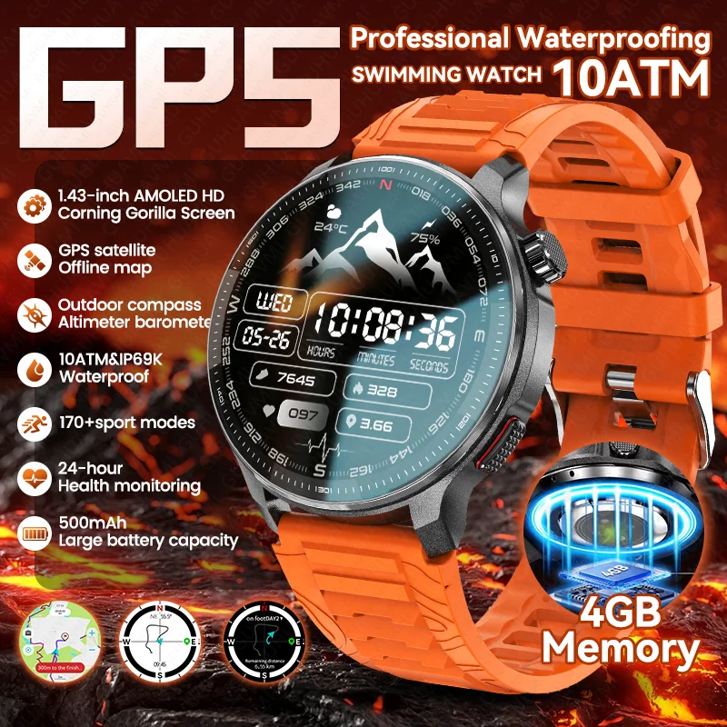 

Military Men Built-in GPS Map Smart Watch AMOLED Screen 4GB Memory 10ATM Waterproof Altimeter Bluetooth Call Sports Smartwatches