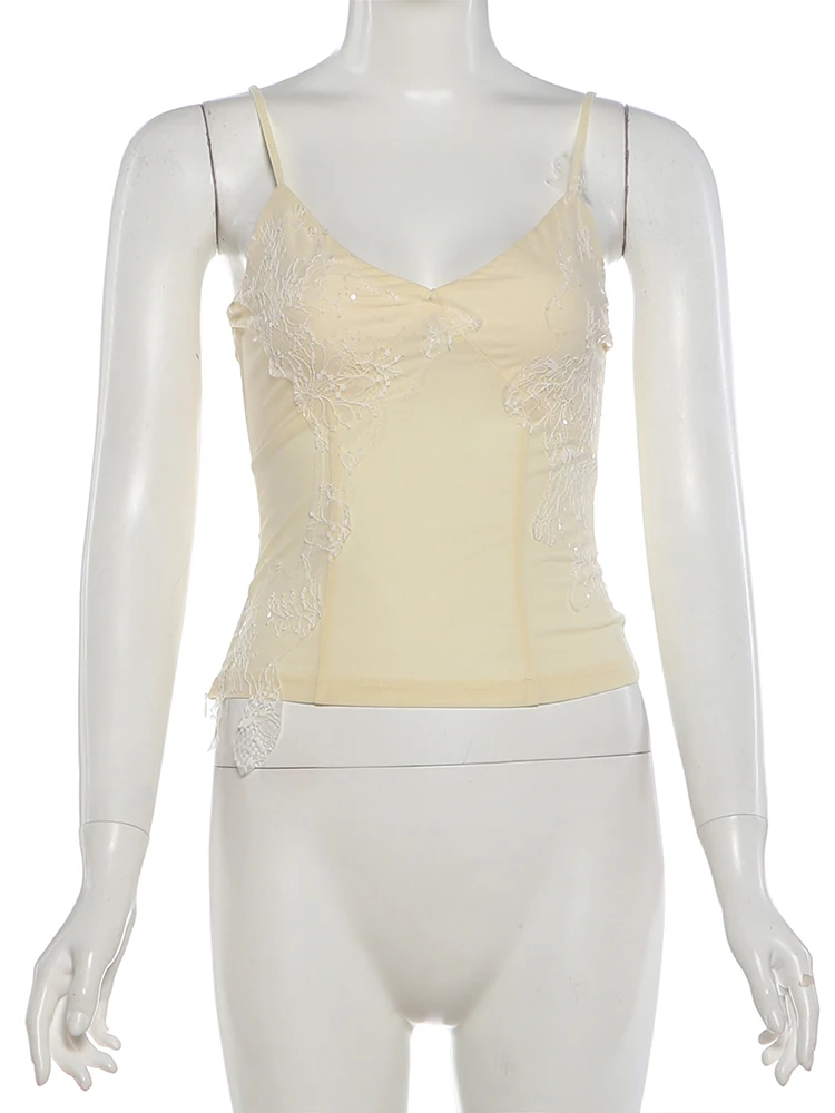 Weird Puss Pailletten-Spitzen-Patchwork 2-teiliges Set für Damen, durchsichtiges Camisole mit tiefem Ausschnitt + Rock mit elastischem Bund und Stufenabschluss, süße Sommer-Outfits – Detail 4
