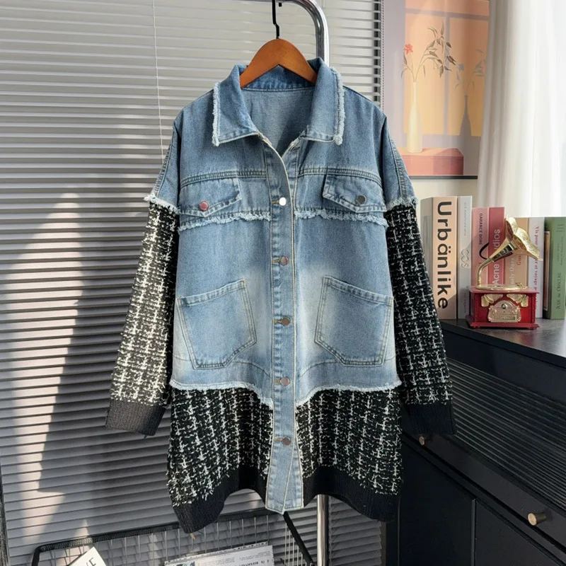 

SuperAen Autumn and Winter New Loose Denim Patchwork Knitted Coat for Women's Cardigans Single Breasted Mid-length Coats