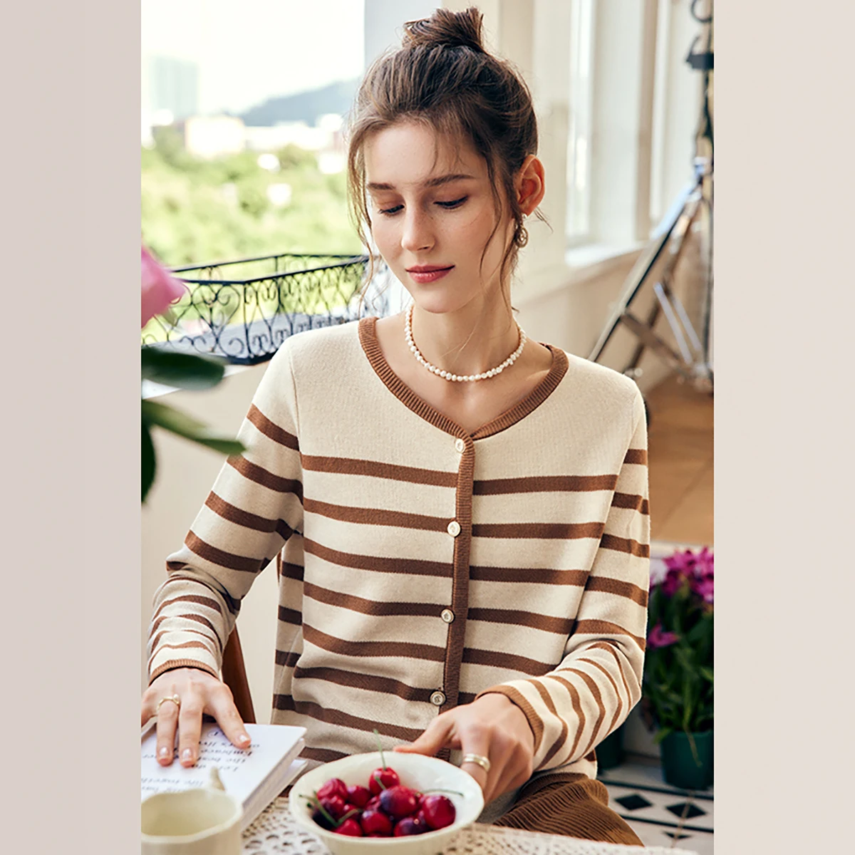 Olrain listrado malha cardigan mulher manga longa topos 2025 outono inverno malhas feminino cor-bloco camisola jaqueta o22qm63669