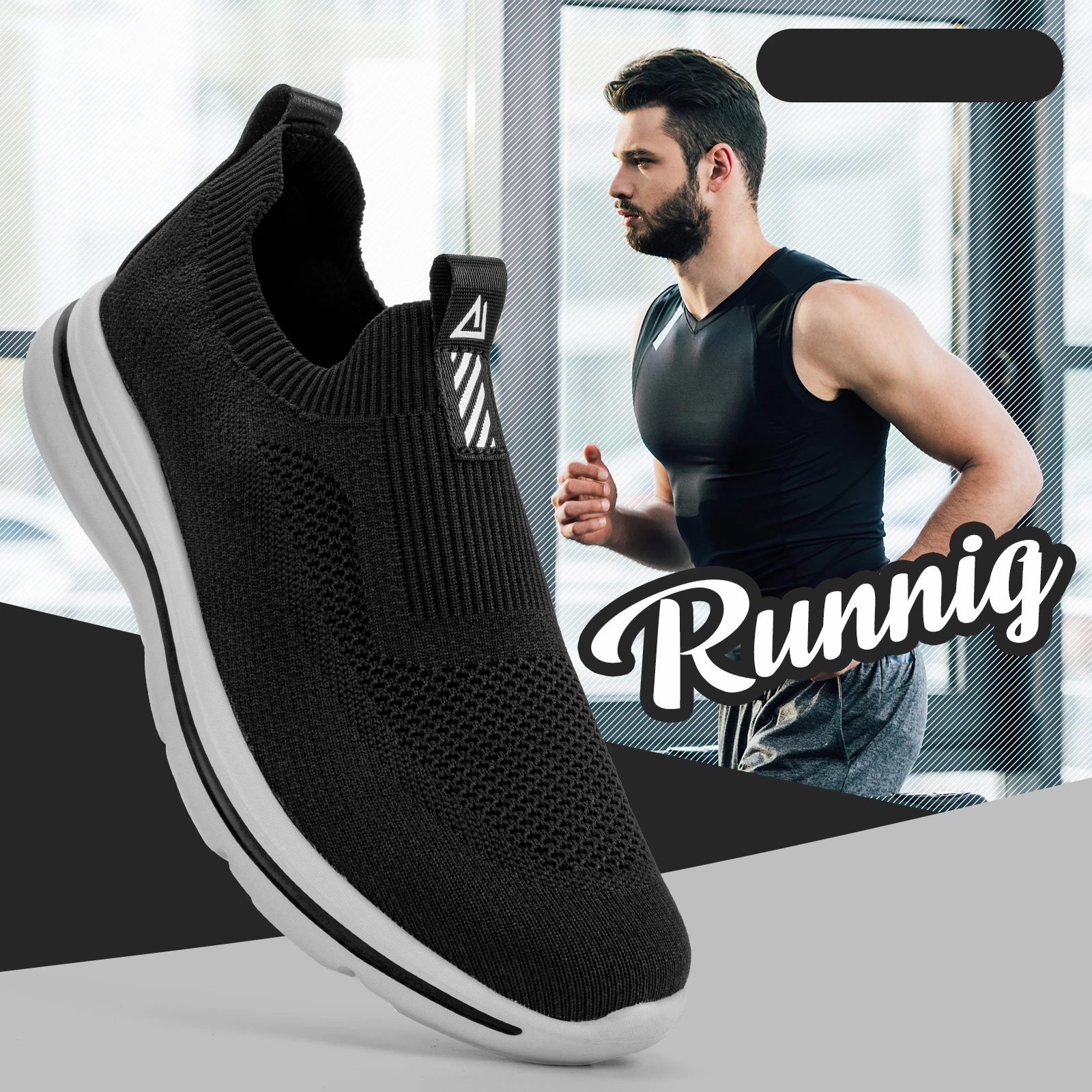 Men Sneakers Walking Shoes for Man Black Slip On Casual Shoes Athletic Lightweight Breathable Mesh Knit Running Shoes 1239