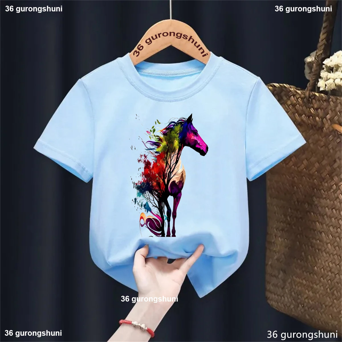 Watercolor Horse Animal Printed T Shirt Girls Harajuku Kawaii Kids Clothes Summer Fashion Short Sleeve T-Shirt