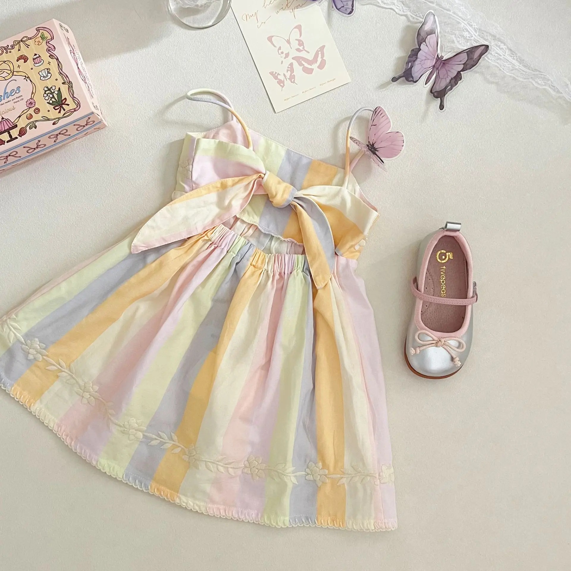 In stock! Children's dress 2026 summer APO new girl's cartoon cute rainbow stripe embroidered flower suspender dress