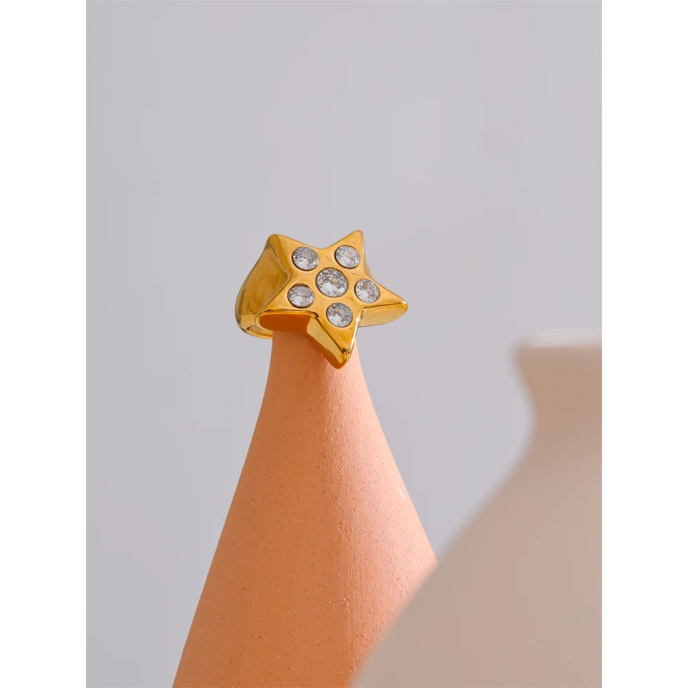 Yhpup Thicker Metal Pentagram Star Cubic Zirconia Ring 18K Gold Color Plated Fashion Statement Jewelry