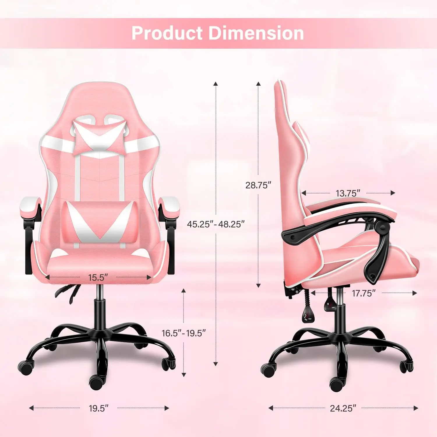 Pink Gaming Chair, Racing Style Adjustable Swivel Office Chair, Ergonomic with Headrest & Lumbar Support