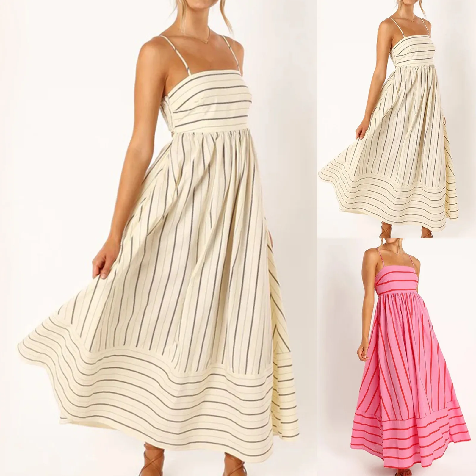 

Striped Slip Slash Neck Women Beach Dress Pleated Sleeveless Backless Female Dresses 2024 Spring Summer Fashion Lady Robe