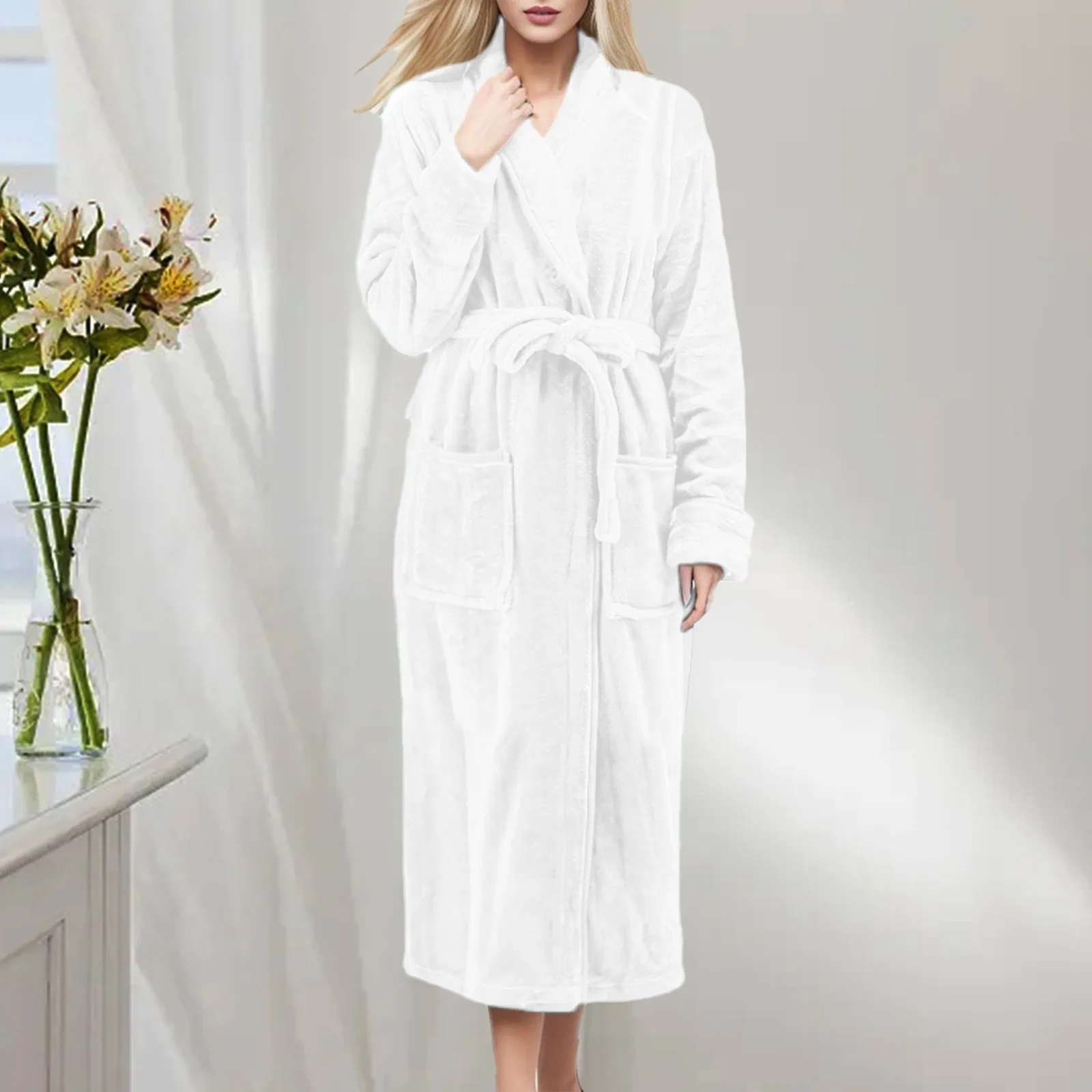 Women\'s Winter Sleepwear Robes Long Cloth Robes solid color Plus Size Bathrobe fluffy Coral Fleece Nightgown with pockets