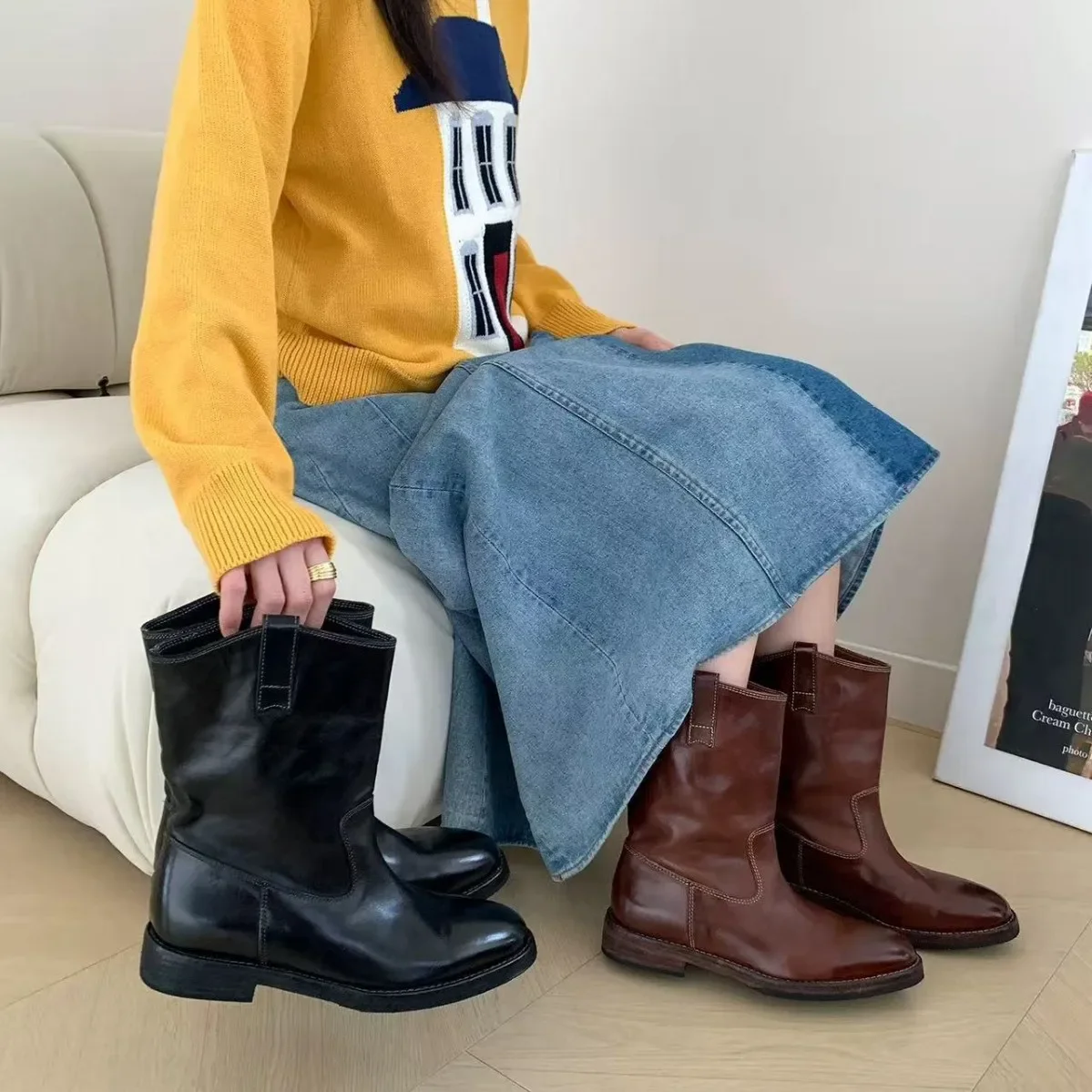 

Boots for Women Spring/Autumn Square Heel Female Mid-Calf Boots Ladies Slip-On Pointed Toe WESTERN Boots Women