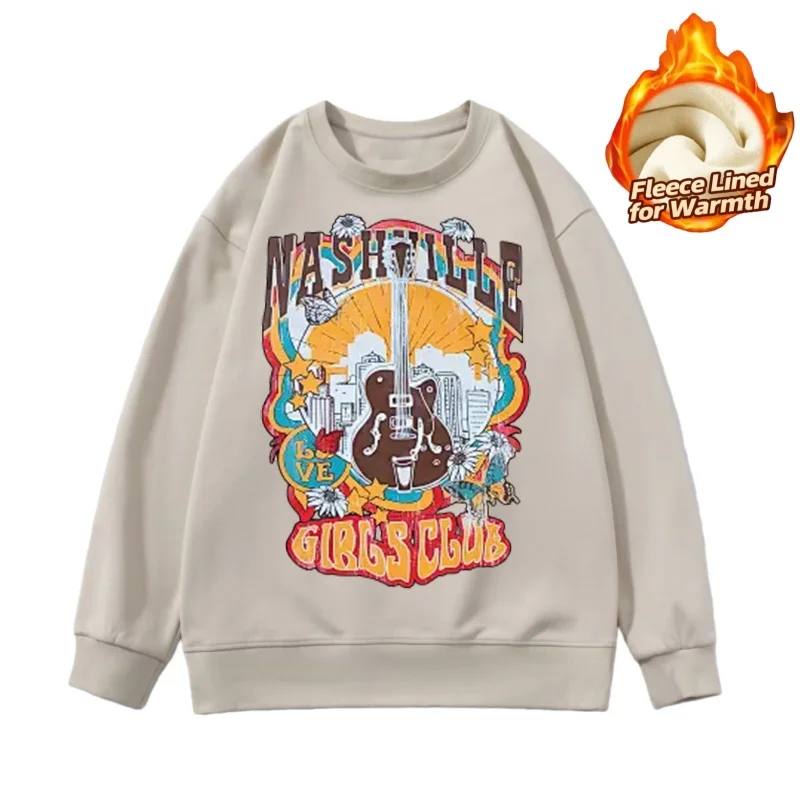 Top a maniche lunghe con scollo tondo serie stampa stile coreano, 100% cotone con fodera in pile per un calore extra, casual e caldo