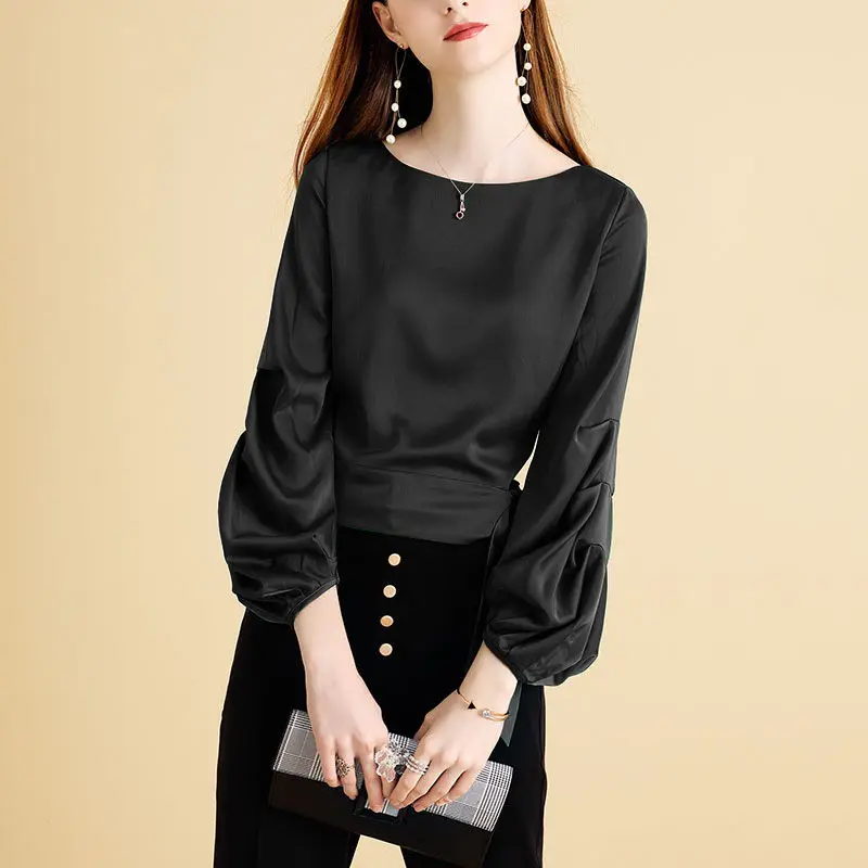 Fashion Bow Bandage Chiffon Shirt Women\'s Clothing 2024 Spring New Casual Long Lantern Sleeve Solid Color Blouses Female 4XL