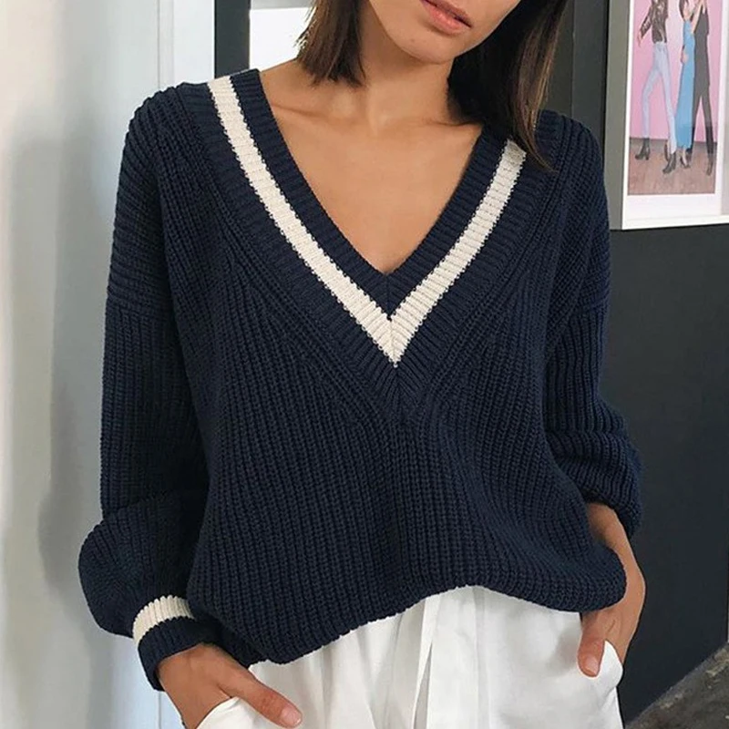 

Autumn Winter Long Sleeve Knitted Thickening Sweater 2023 V-neck Pullover Women Fashion Casual Contrast Loose Lady Tops 28961