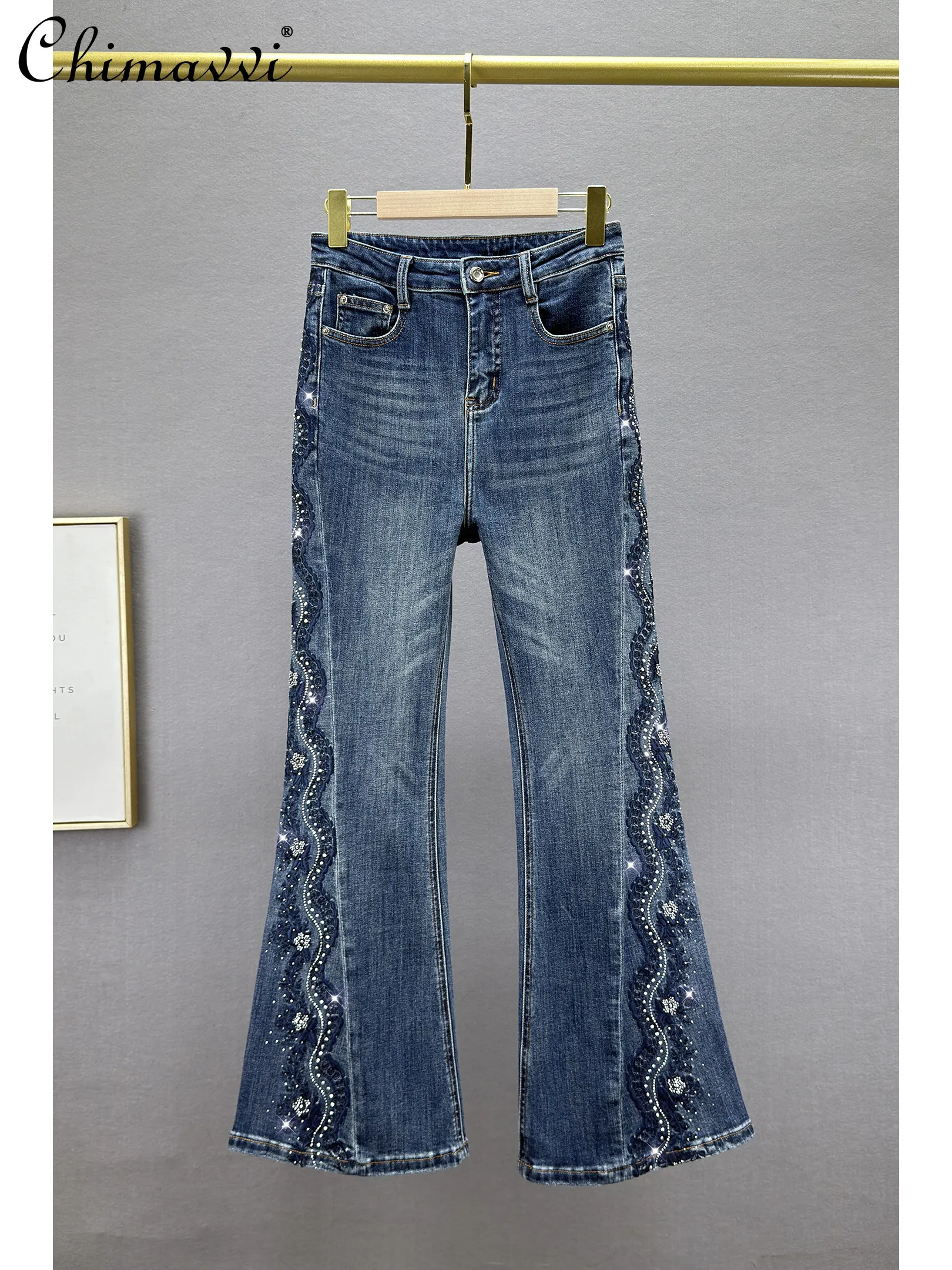 

Heavy Hot Rhinestone Denim Micro-flared Pants for Women 2026 Spring New Fashion Elastic High Waist Silm Retro Embroidered Pants