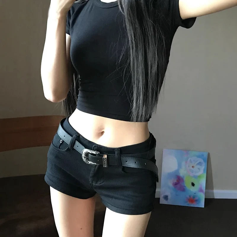 Sexy Low Waist Black Denim Shorts Women Harajuku Streetwear Pockets Tights Shorts Woman American Spice Girl Elastic Short Jeans