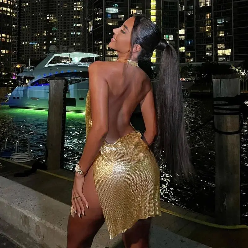 فستان نسائي قصير أنيق مثير وعصري مع رقبة معلقة بدون ظهر وصدر سفلي مزين بالترتر فستان رقص للفتيات #6