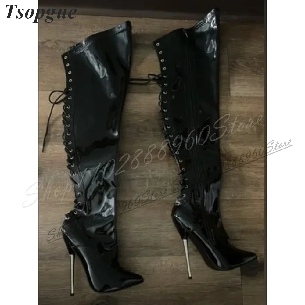 

Knee High Beveled Cross Tied Black Soft Leather Boots Metal Heel Women Shoes Side Zipper Pointed Toe 2024 Zapatos Para Mujere
