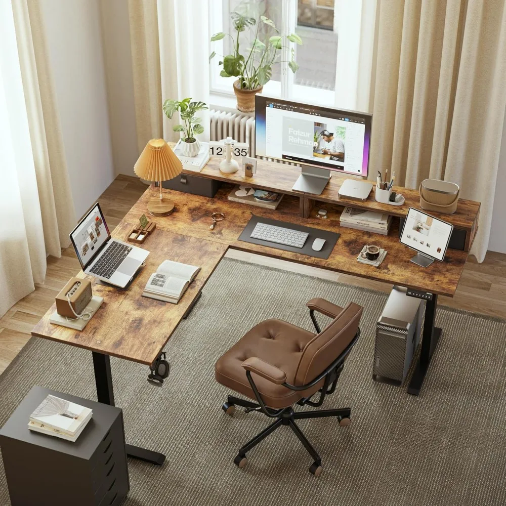 Desk,with 2 Drawers, 63 Inch Ergonomic Adjustable Height Desk With Storage, Corner Desk Sit Stand Up Computer Table