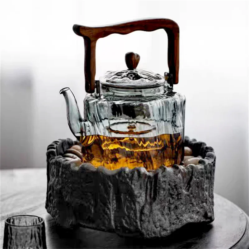 1300ML Bark Texture Glass Teapot With Wooden Beam Large Capacity Steaming and Cookig Tea Pot Kungfu Tea Set Teaware