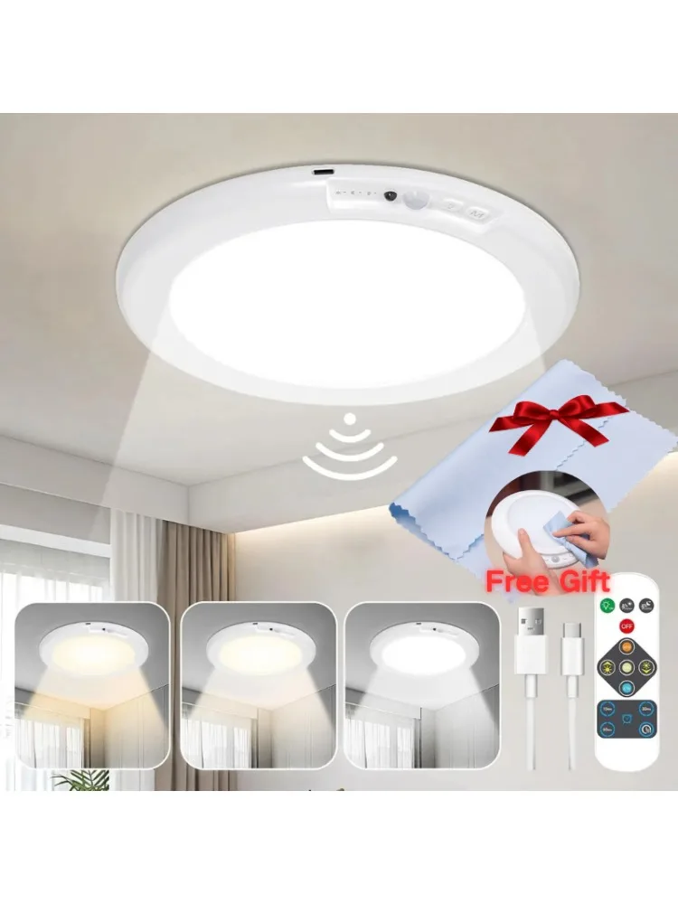 Lampa sufitowa LED z czujnikiem ruchu, pilotem, ładowaniem USB, montażem magnetycznym, okrągła, do schodów, sypialni, szafy, lampka nocna. — 2