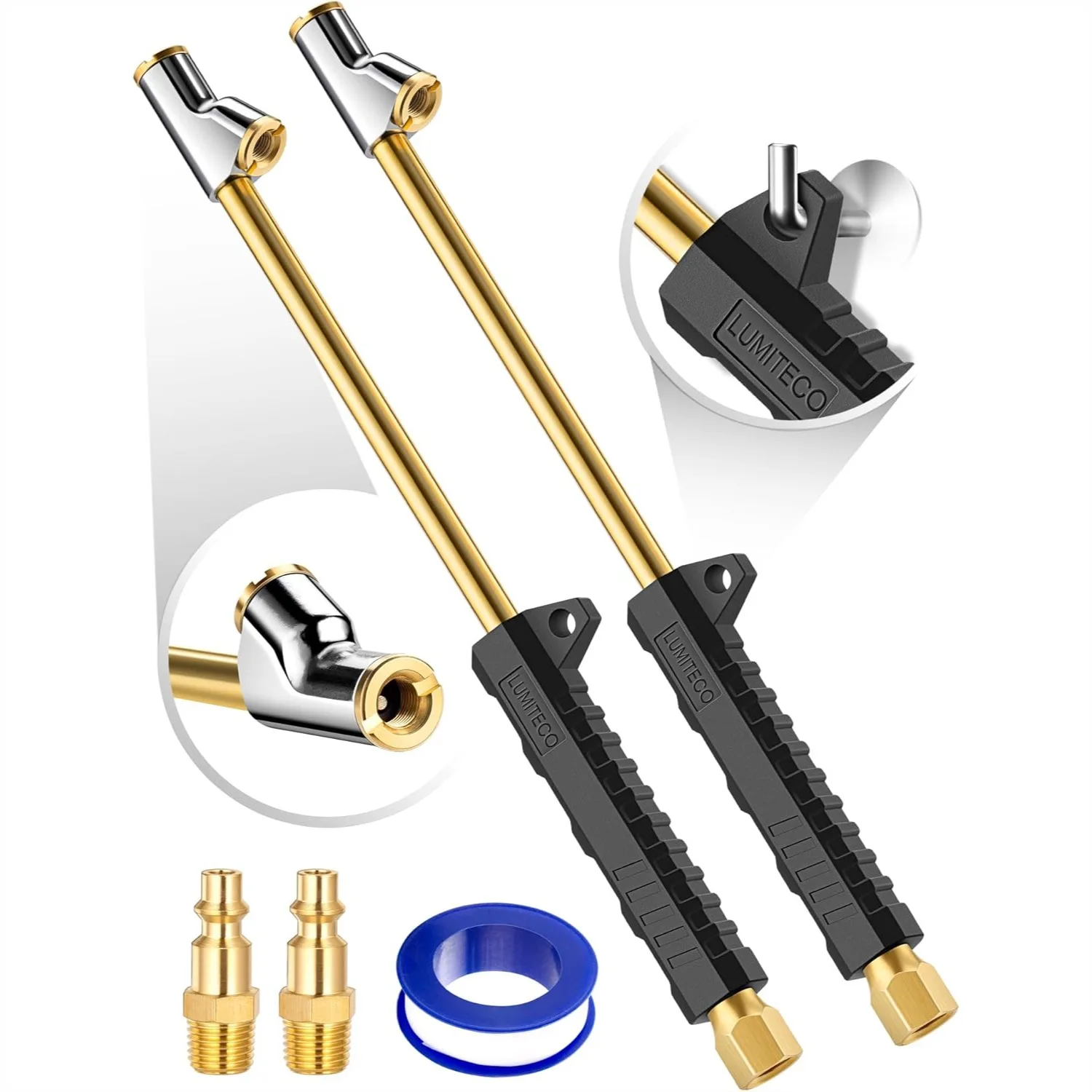 

12" Extended Reach Dual Head Air Chuck, 2-Way Connection with Quick Plug for Truck RV Semi Dually Tires, Easy One-Hand Inflating