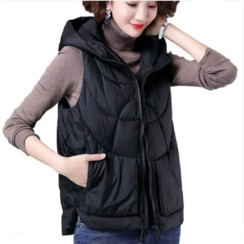 Women's Loose Winter Vest Solid Hooded Zipper Pockets Ladies Cotton Padded Sleeveless Jackets Waistcoat for Female Coat