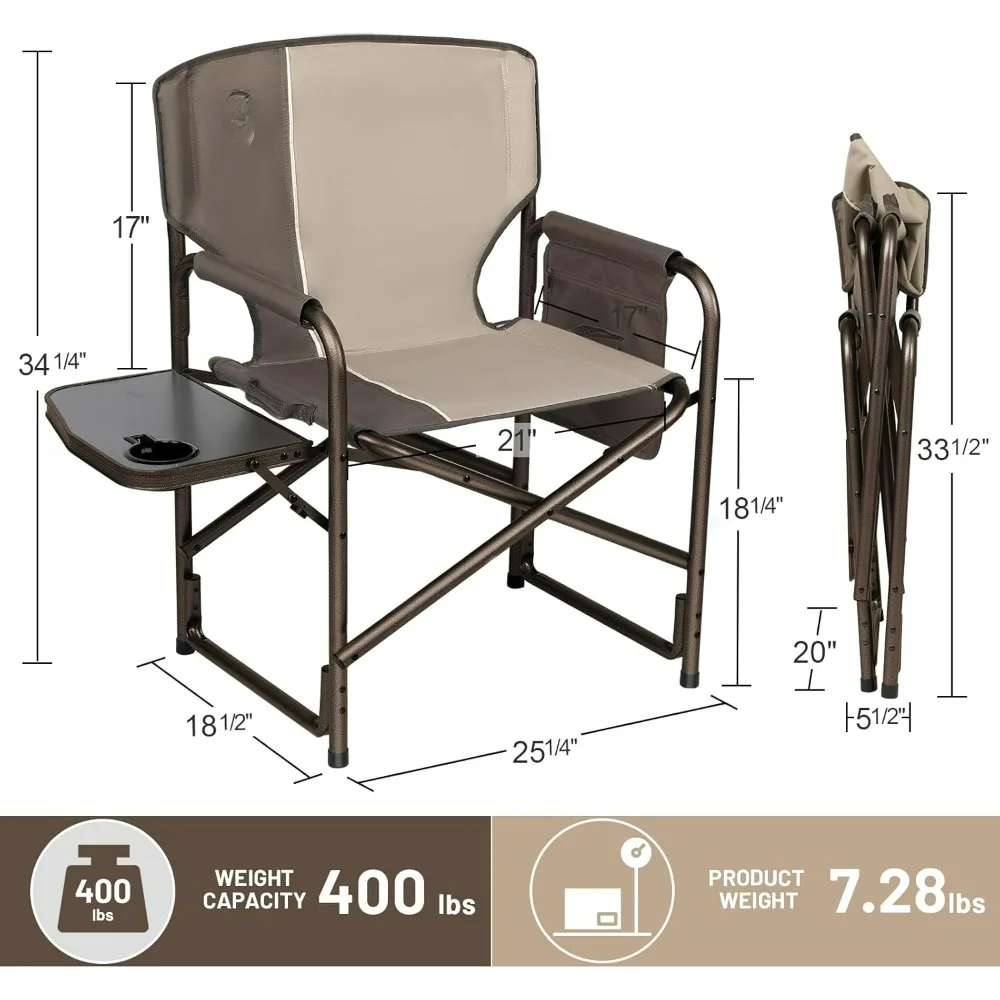 Camping chairs are oversized, portable aluminum director's chair with side table, and removable side pockets hold 400 pounds