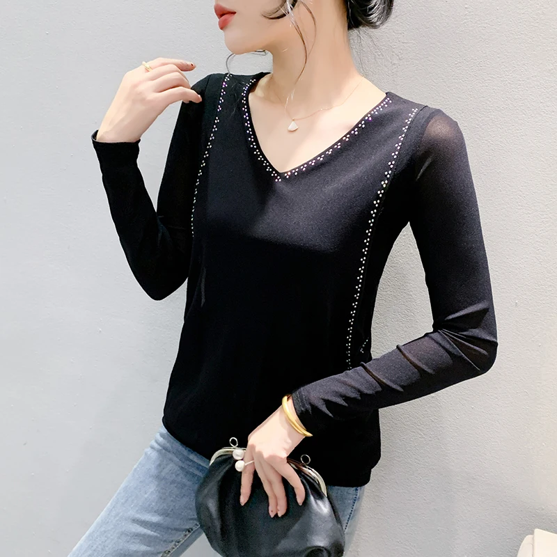 MadBlack, European Clothes TShirt, Women Sexy V Neck Hot Diamonds Top, Long Sleeve Fake Two Slim Mesh Tee, Fall Winter T48955QC