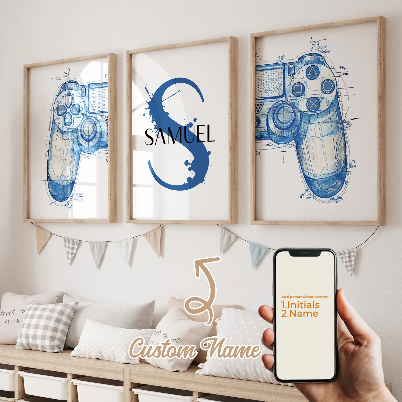 3-teiliges Personalisiertes Blaues Gamepad Wandkunst-Set mit Individuellem Namen, Leinwand-Poster, Gemälde für Wohnzimmer-Dekoration
