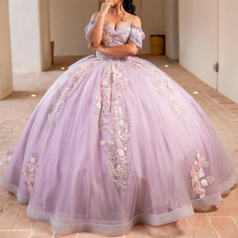

Сиреневое блестящее бальное платье Quinceanera, платья с открытыми плечами, аппликация, кружево, бисер, кристалл, тюль, вечерние, день рождения, милое платье 16,