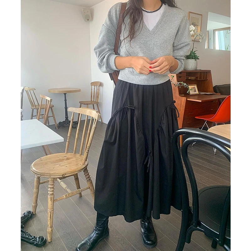 Chic Korean Style A-Line Midi Skirt with Belt High Waist Fashionable Versatile Spring Autumn Season Commute Friendly