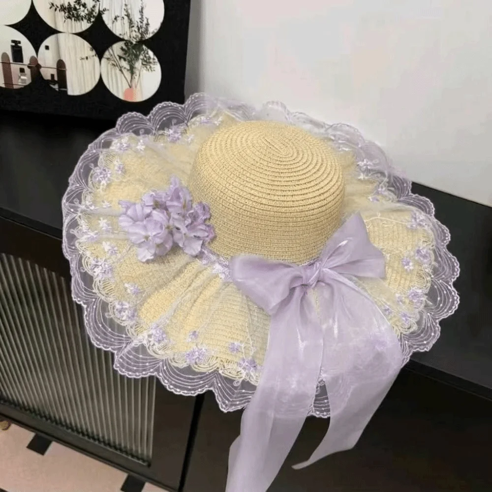 Floral Design Woman's Straw Hat Breathable Elegant Lace Brim Sunshade Cap Sweet Wide Brim Outdoor Beach Hat Outdoor Activities