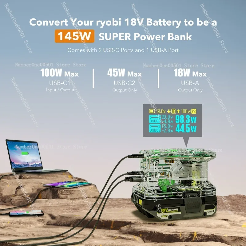 

Подходит для литиевых аккумуляторов RYOBI 18В, источник питания 100Вт/145Вт, быстрая зарядка и разрядка.