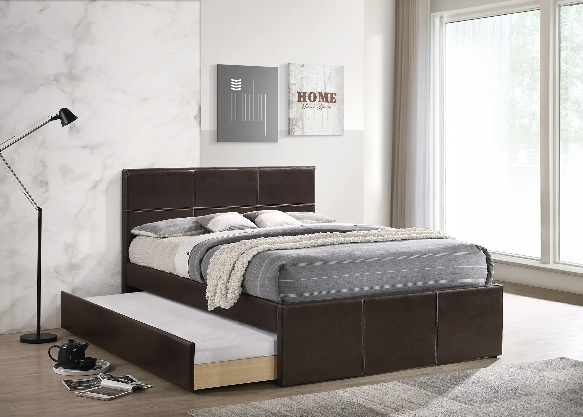 Cama de tamaño completo con listones de Espresso, muebles de dormitorio para niños y jóvenes, cuero de imitación, madera contrachapada, listones de madera, líneas limpias, tapizados H