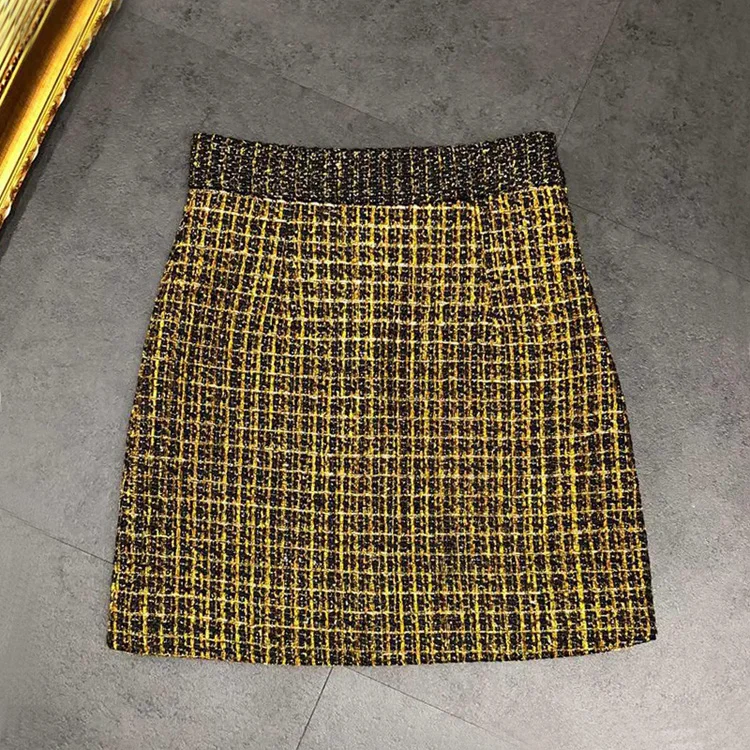 

New versatile slimming and sexy gold thread tweed short skirt, hip hugging