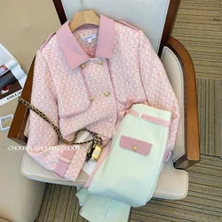 Pant Sets 2 Piece  Tracksuit Spring Autumn Pink Tweed Jacket Wige Leg Trousers Femme New Lapel Plaid Coat Tailored Woolen