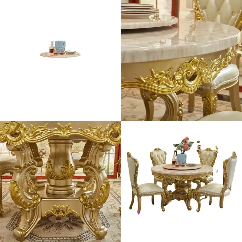 for European Round Dining Table and Chair Set Marble Top 6 Person Household Small Apartment with Turntable All Solid Wood K55