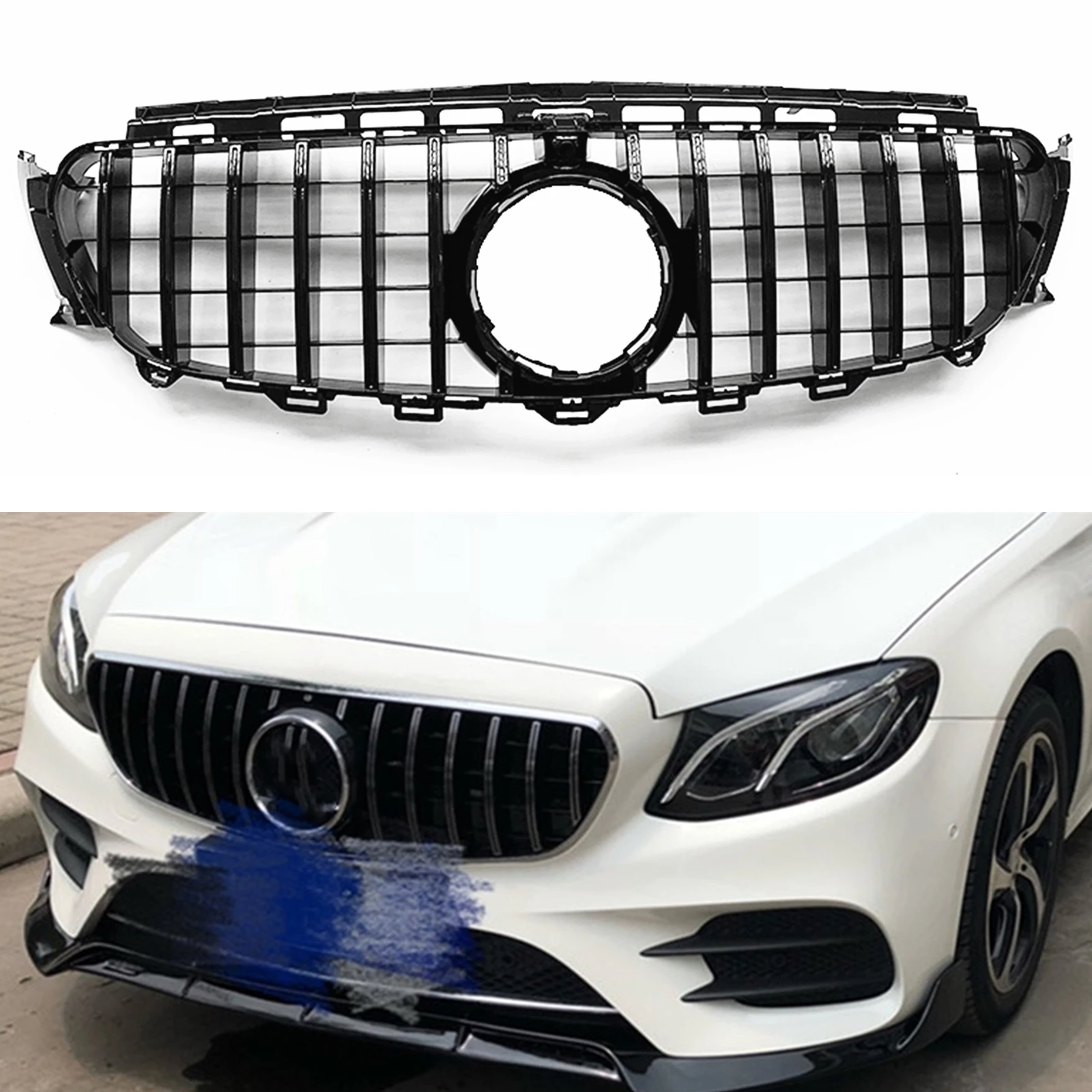 

GT-R Style Grill Upper Grille For Mercedes-Benz E Class W213 2016-2020 E200 E250 E300 Black/Silver Front Bumper Hood Mesh Grid