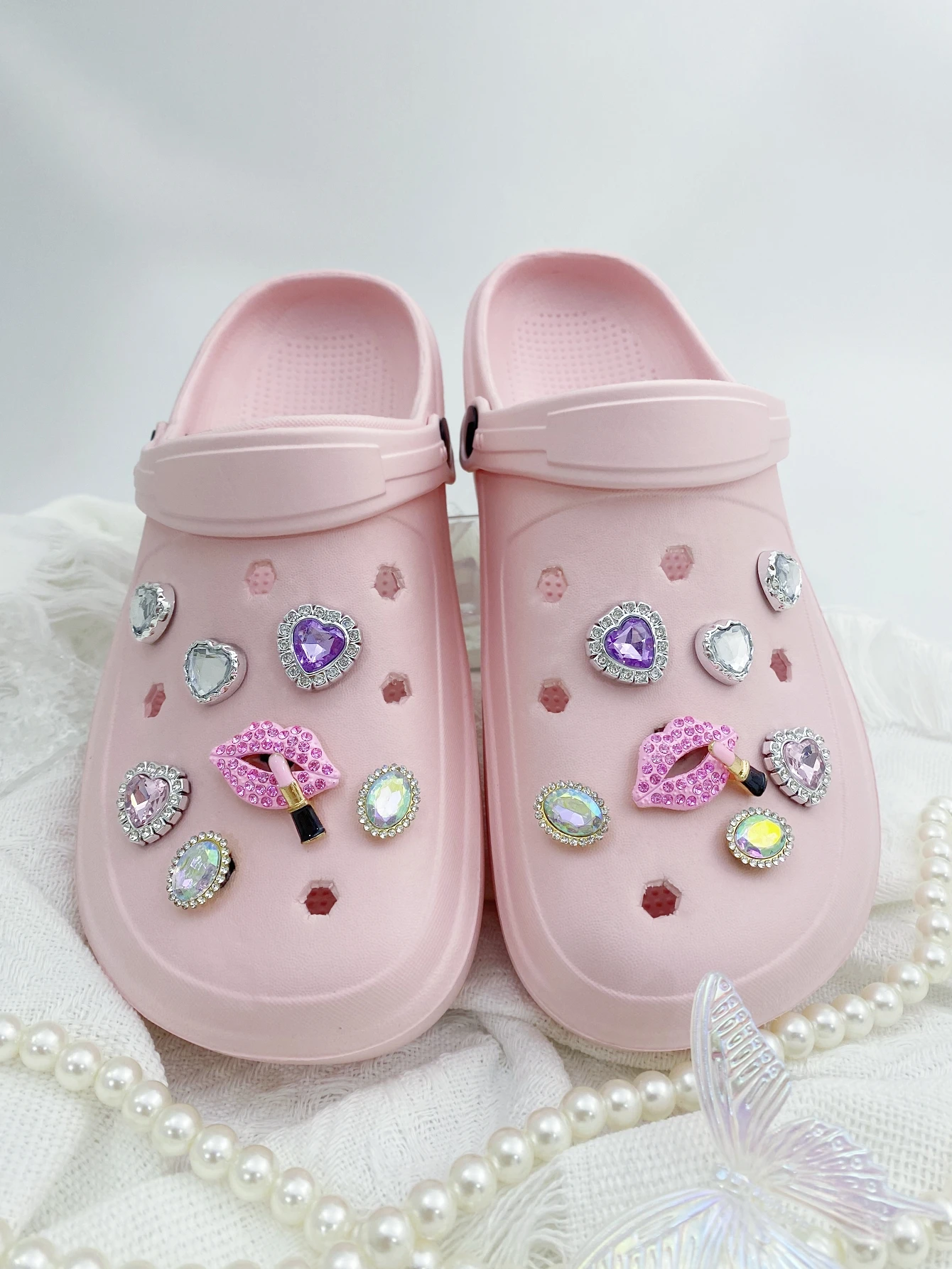 

14 штук розовых точечных губ, розовое сверло из АБС-пластика, фиолетовая пряжка для обуви из АБС-пластика, украшения своими руками, подходят для женских сандалий, слипоны