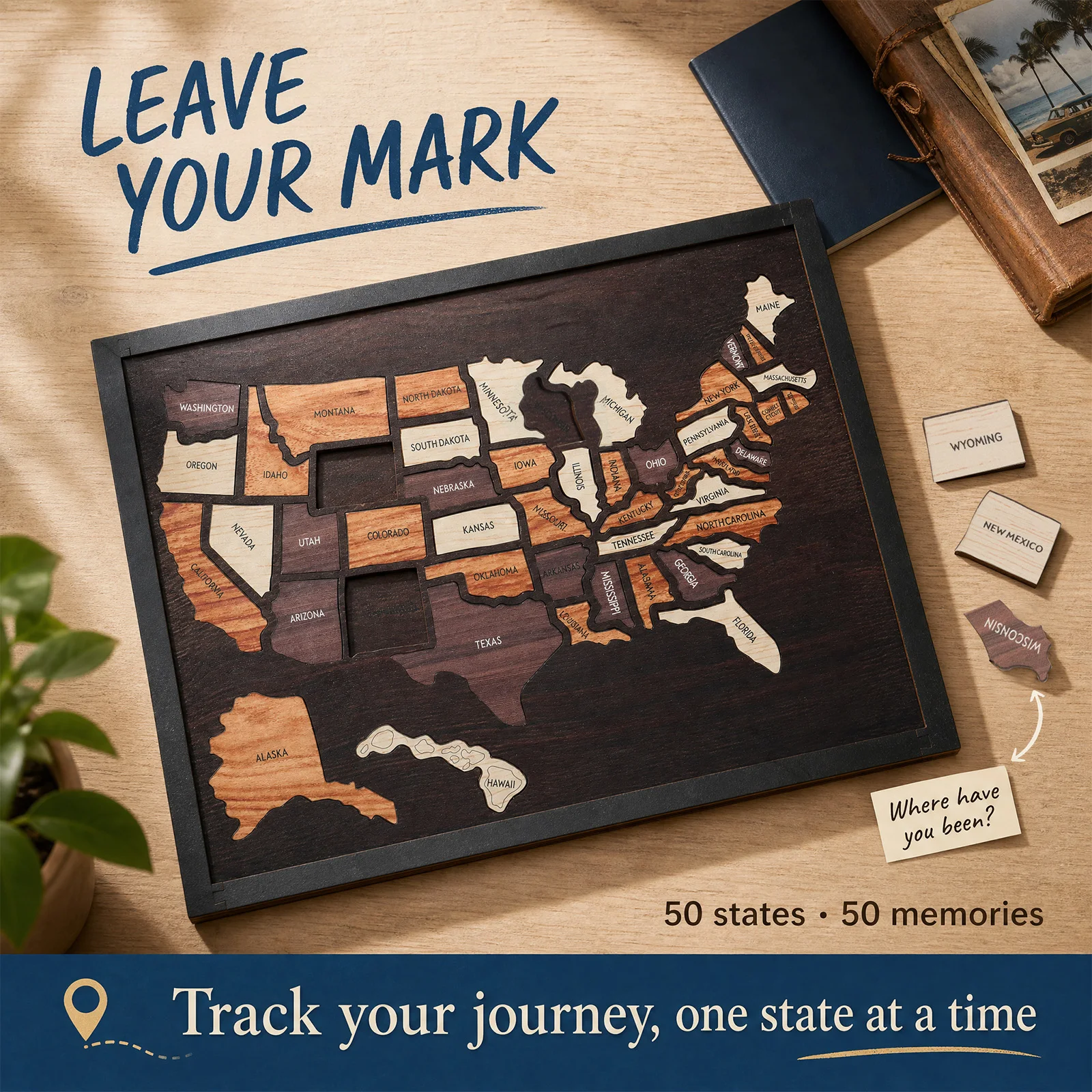 12x10 in Wood Travel Map Puzzle Travel Tracking Map with Wood Stand Hanging Loop Interactive Map Puzzle for Anniversaries Decor