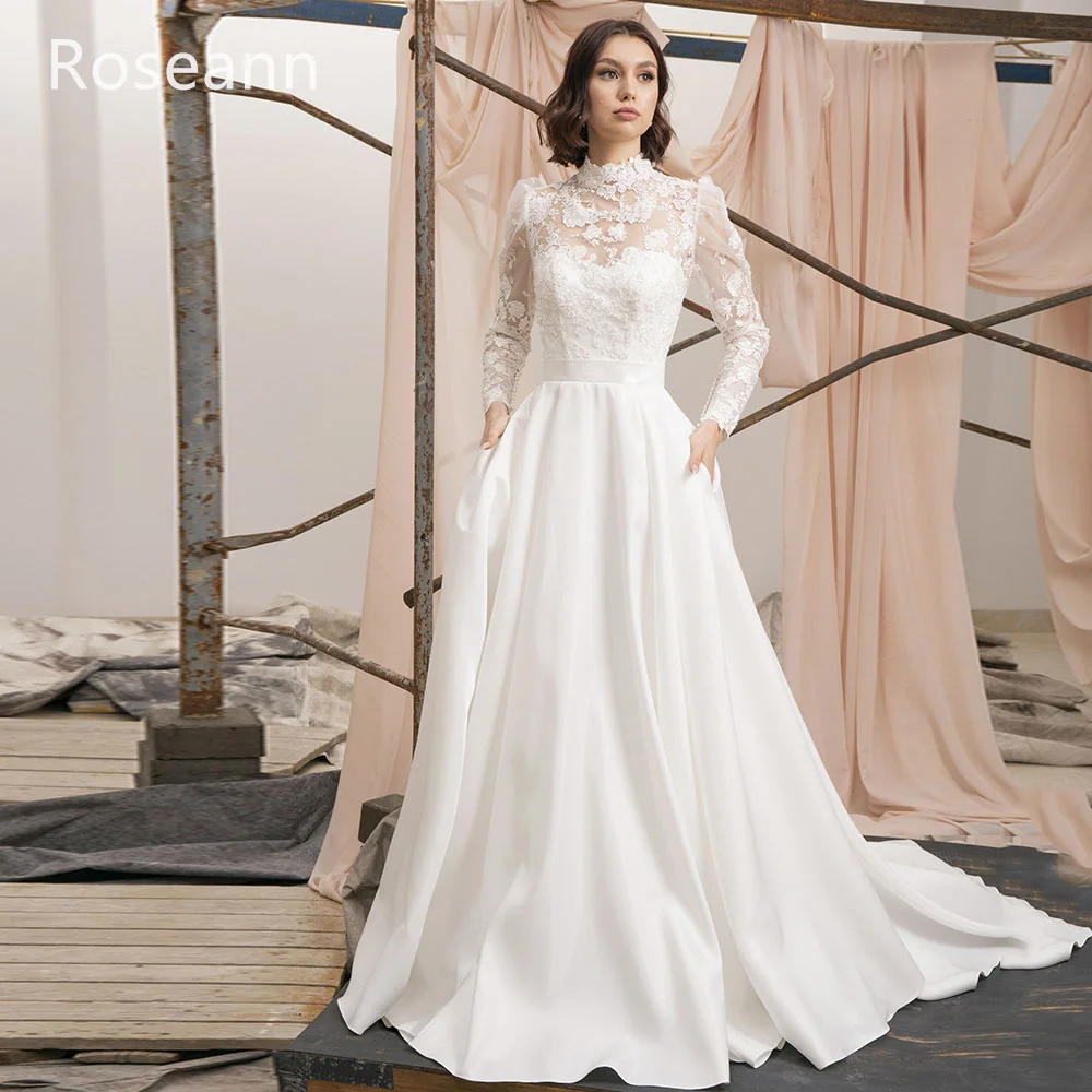 Robes de mariée A-Line musulmanes, col haut, tulle, fleurs, drapées, plissées, appliques, longueur au sol, pleine robe de mariée