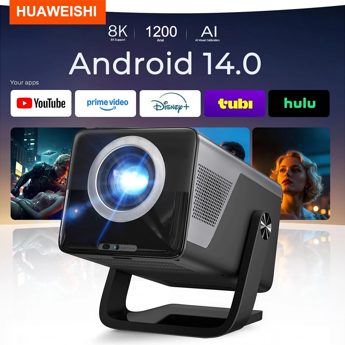 HUAWEISHI Full HD 1080P Projector 4K 1200 ANSI Android WiFi 6 Auto Focus Home Theater Projectors for Movie Meeting Video
