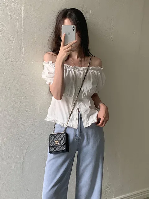 

Sweet And Spicy Wood Ear Bubble Sve irt Women's Summer Pure Desire One oulder Slim Waist ort Top Korean Sle