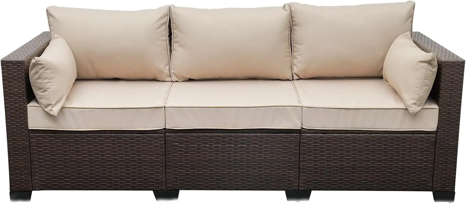 Terrace sofa with PE core, 3-seater outdoor brown rattan sofa, deep seated furniture with anti slip beige cushion