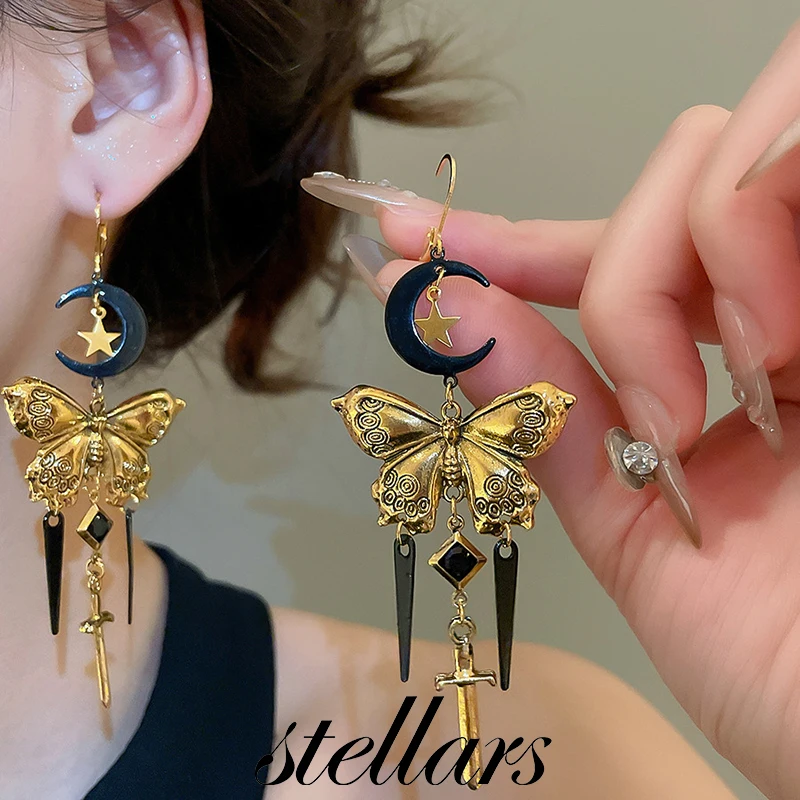 

Vintage Moon & Butterfly Tassel Hoop Earrings Sweet & Edgy Niche Trendy Light Luxury High-End Women's Drop Jewelry