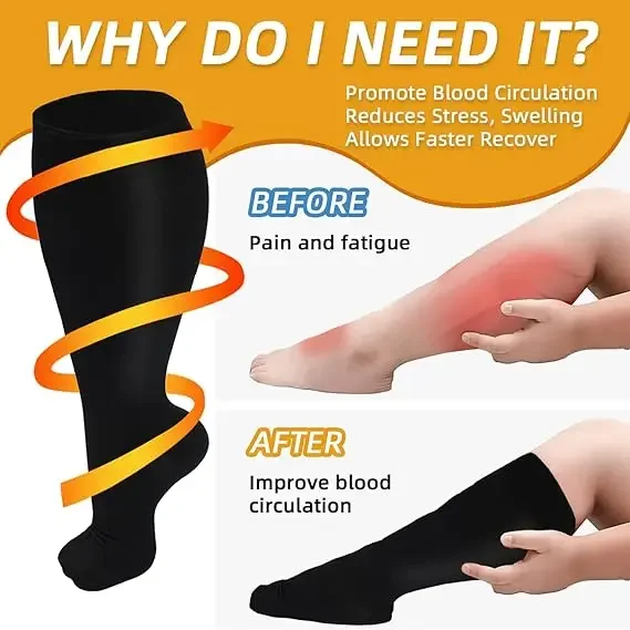 Plus Size 20-30 MMHg Compression Socks for Women Men Wide Calf Extra Large Knee High Flight Sock for Circulation Support 2XL-4XL