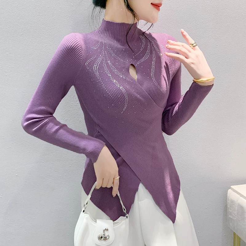 #4317 Black Purple Irregular Knitted Sweater Women Split Joint Skinny Pullover Ladies Diamonds Korean Style Stretch Turtleneck 