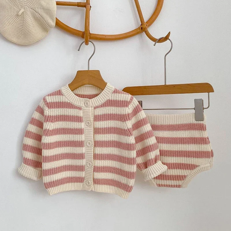 

2026 New Spring 0-3Yrs Toddler Baby Girl Clothes Set Infant Baby Girls Clothing Suit Long Sleeved Striped Cardigan+PP Shorts