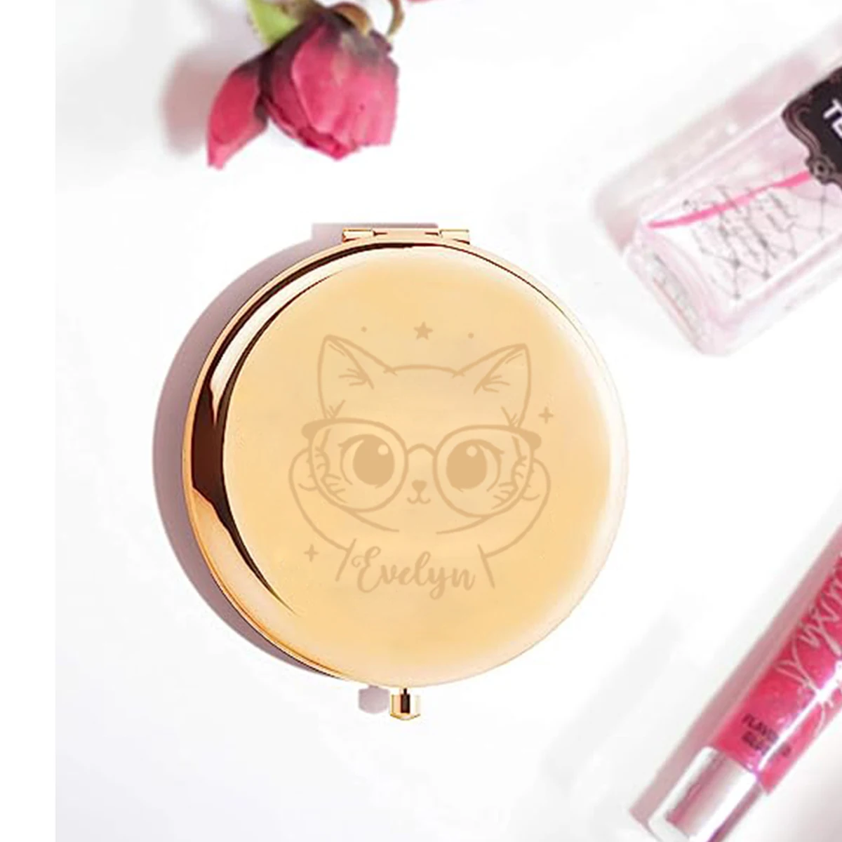 

1pc cat glasses Old Engraving Custom Name pocket Mirror Metal Gold Wedding Party Gifts